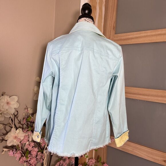 Quacker Factory Jeweled Raw Hem Distressed Blue Jean Denim Shirt Jacket Women S - Picture 9 of 10